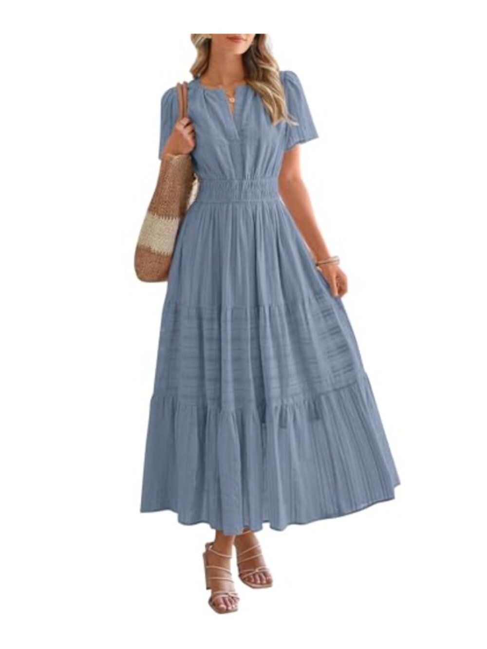 Women's Short Sleeve V Neck Elastic Waist Tiered Maxi Dress with Pockets